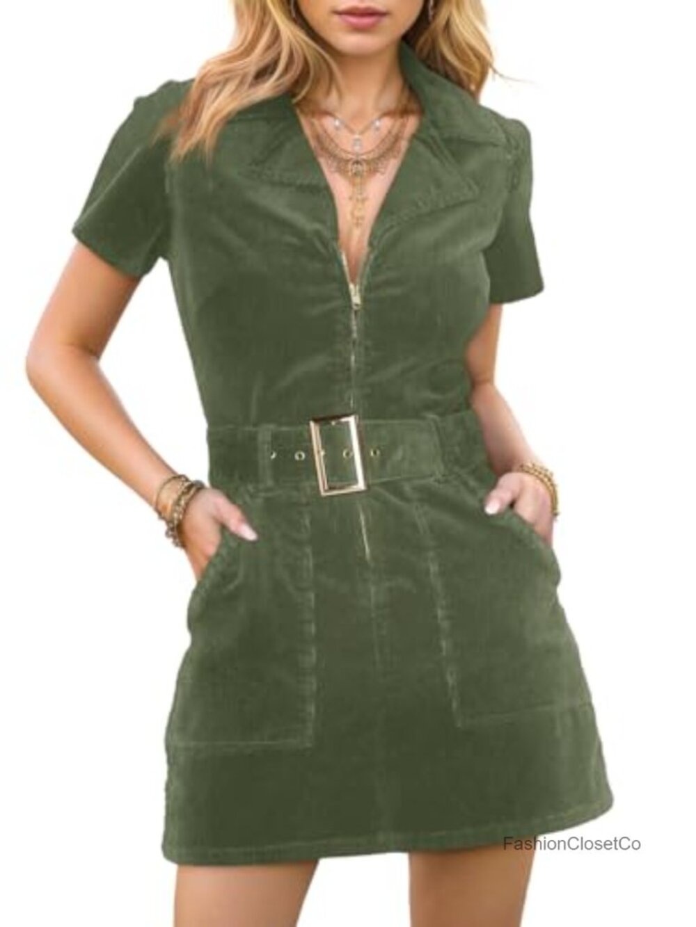 Women's Corduroy Mini Dress Short Sleeve Cowgirl Belted Zip Front Bodycon